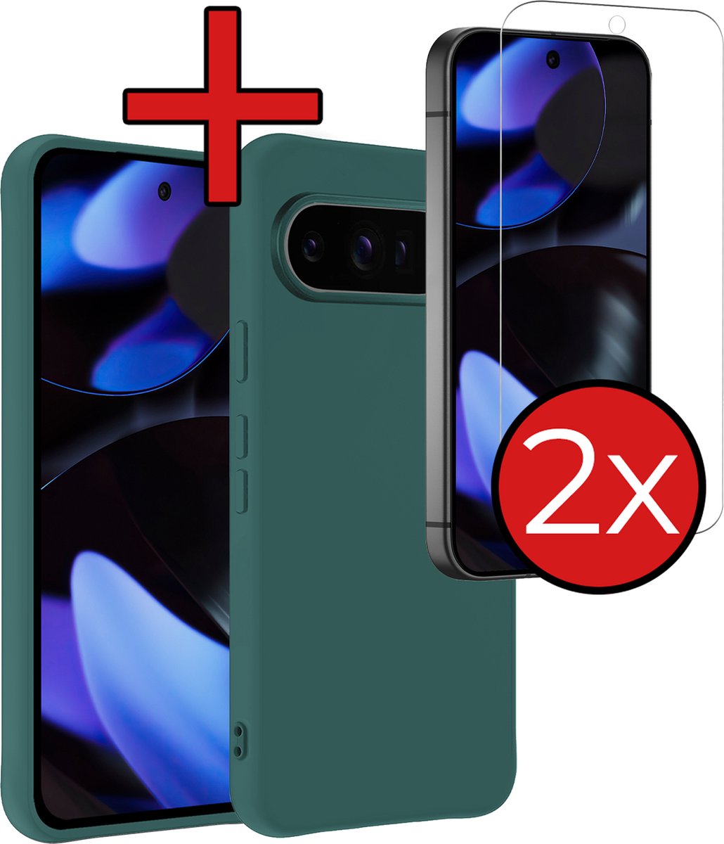 Hoesje - Met 2x Screenprotector - Geschikt voor Google Pixel 9 Pro XL - Sterk & Shockproof - Telefoon Hoes - Back Cover - Siliconen Case - Telefoonhoes - Donkergroen