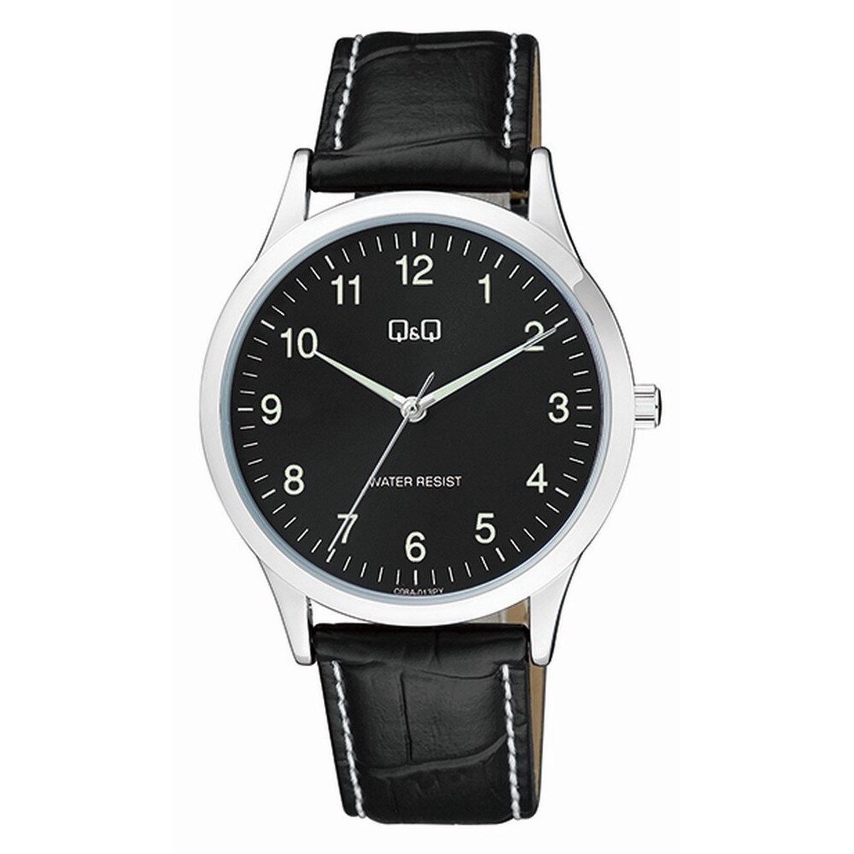 QQ C08A-013PY - Horloge - Heren - Mannen - Leren band - Rond - Staal - Cijfers - Zwart - Zilverkleurig