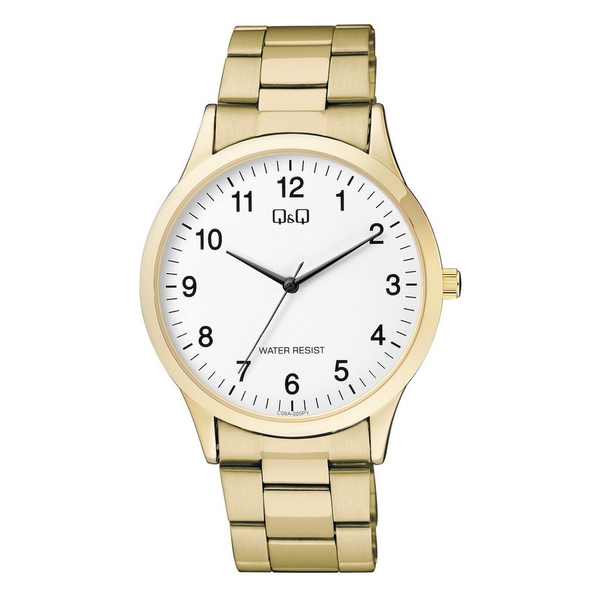 QQ C08A-005PY - Horloge - Analoog - Mannen - Heren - Stalen band - Rond - Metaal - Cijfers - Goudkleurig - Wit