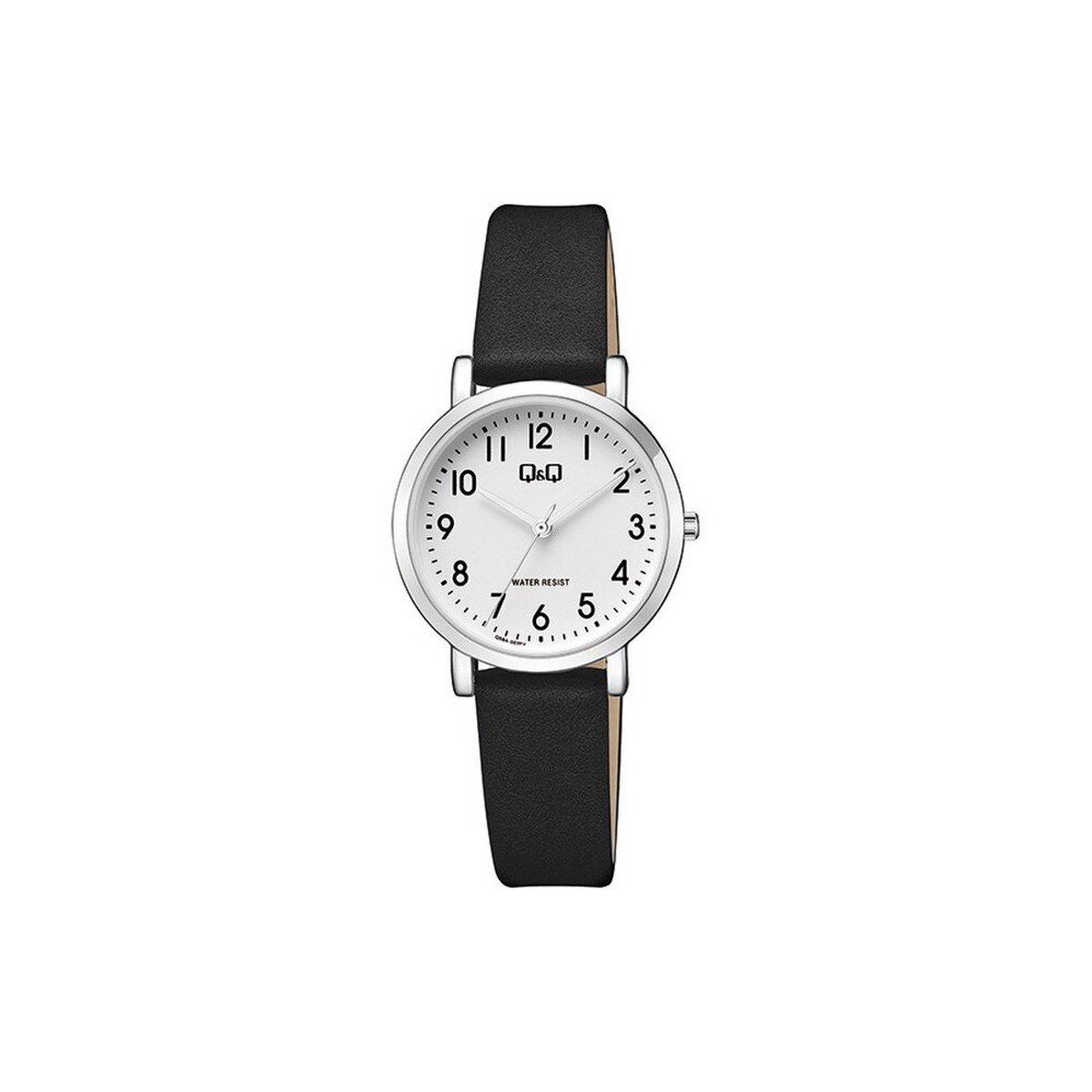 QQ Q58A-007PY - Horloge - Analoog - Vrouwen - Dames - Leren band - Rond - Metaal - Cijfers - Zwart - Zilverkleurig - Wit - 3ATM