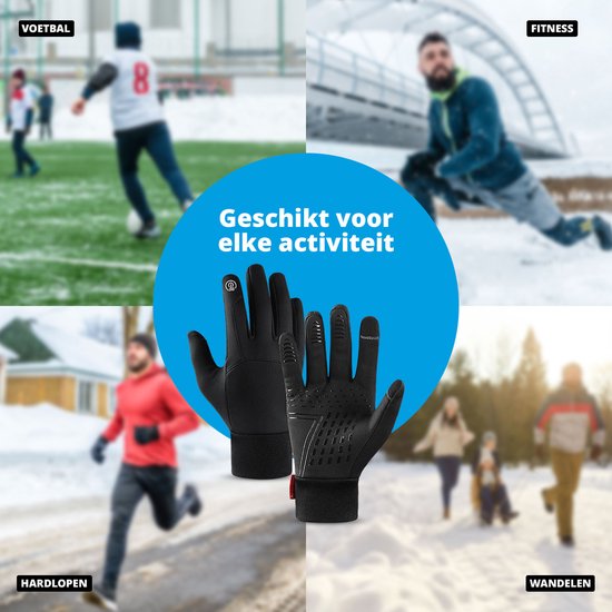 Collage van vier activiteiten: voetbal, fitness, hardlopen, wandelen, met een paar zwarte handschoenen in het midden.