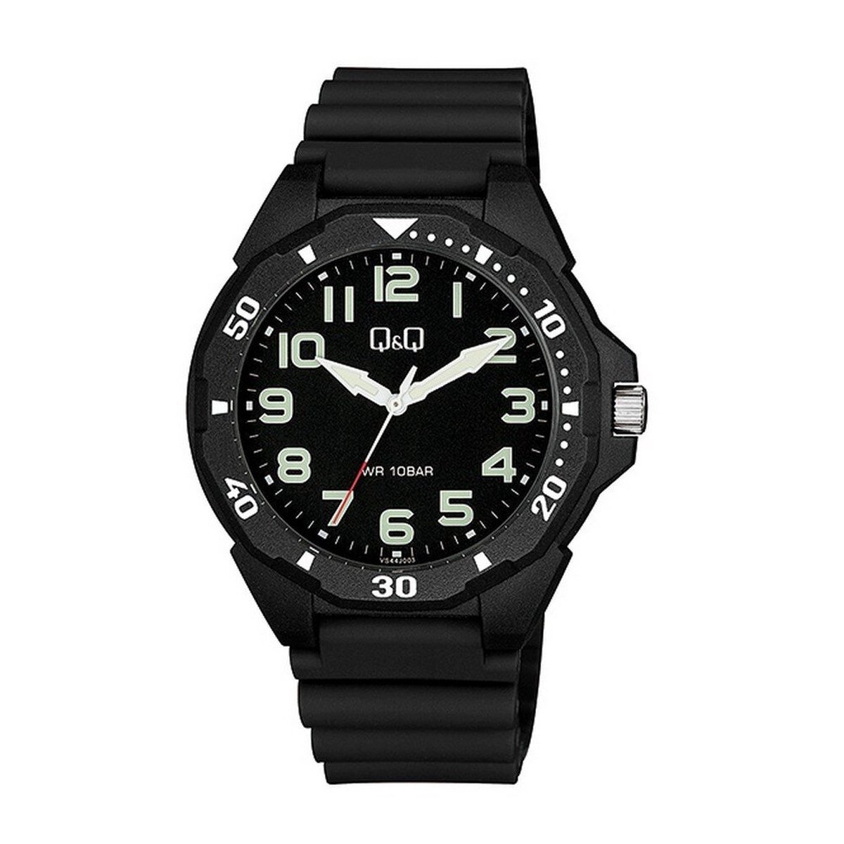 QQ VS44J003Y - Horloge - Sport - Analoog - Mannen - Heren - Plastic band - Rond - Cijfers - Metaal - Zwart - Wit - Crème - 10 ATM