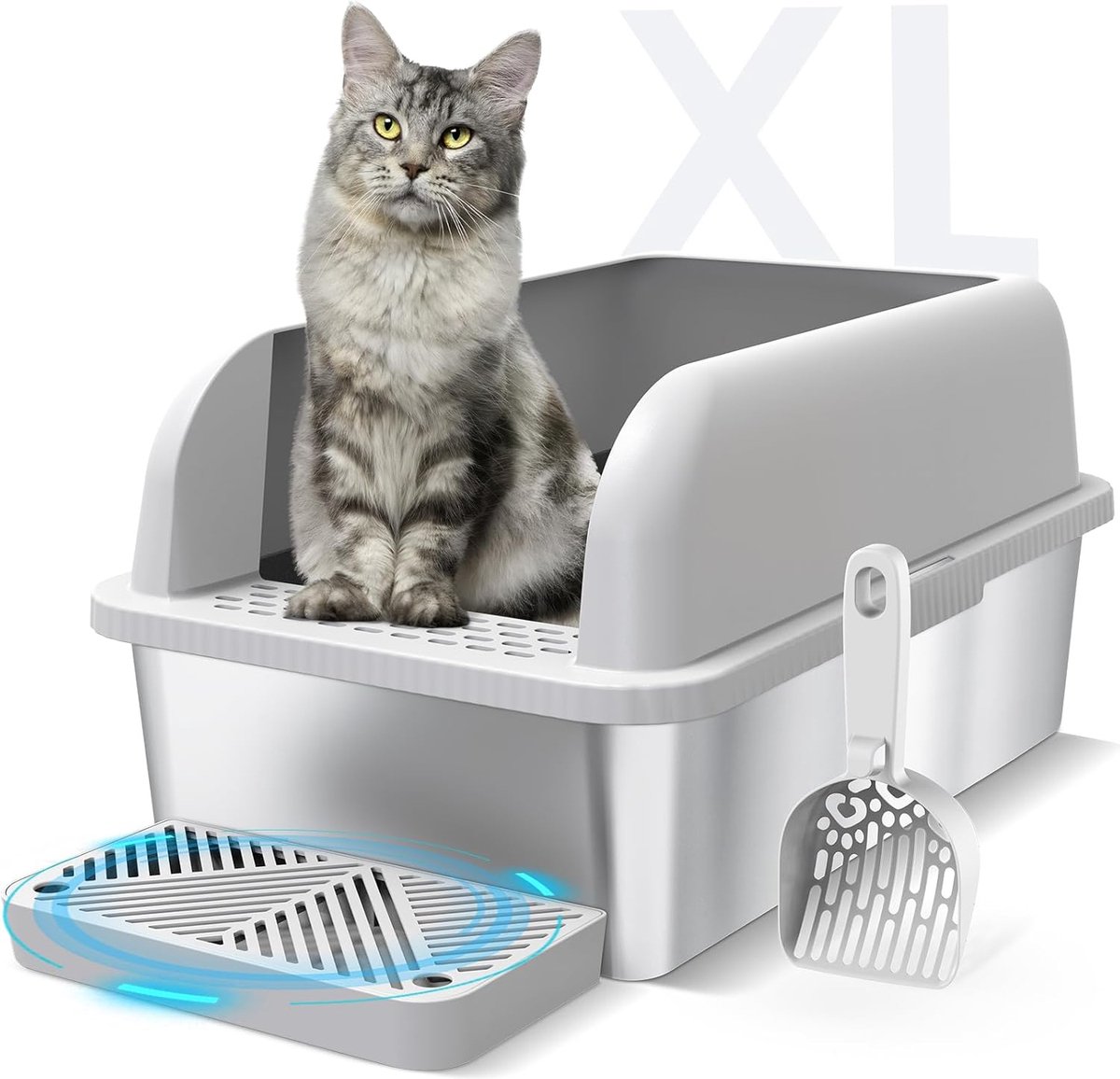Bol.com Gecoverde RVS Kattenbak met Deksel - Extra Grote Kattenbak - XL Metalen Kattenbak met Hoge Wanden - Non-Sticky en Anti-L... aanbieding