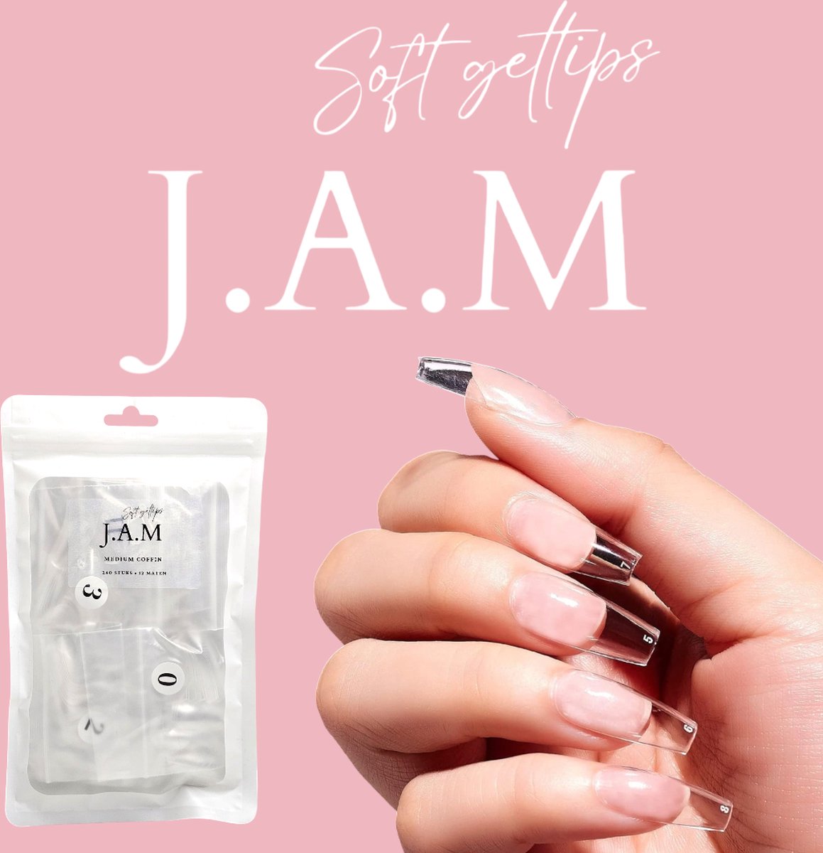 Goedkoopste J.A.M - Soft Gel tips - Nepnagels - Gelnagels - plaknagels met lijm - Medium Coffin plaknagels - press on nails 100 soak - off - Fake nails - Medium coffin Nageltips - Full Cover 240 Stuks Transparant / Clear Tips van hoge kwaliteit nagelvijl li