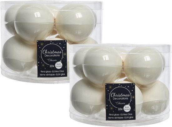 Set de Boules de Noël Decoris - 20 pièces - verre - blanc laine - 6 cm - brillant/mat - Décorations de Noël