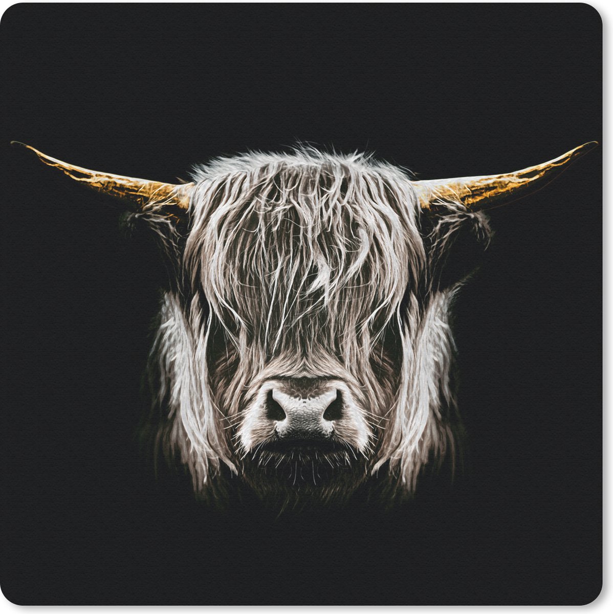 Muismat 20x20 cm - Mousepad Schotse hooglander - Zwart - Wit - Hoorns - Muismatten