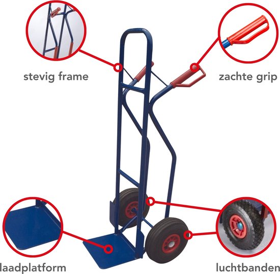 Blauwe steekwagen met rode handgrepen, stevig frame, zachte grip, laadplatform en luchtbanden.