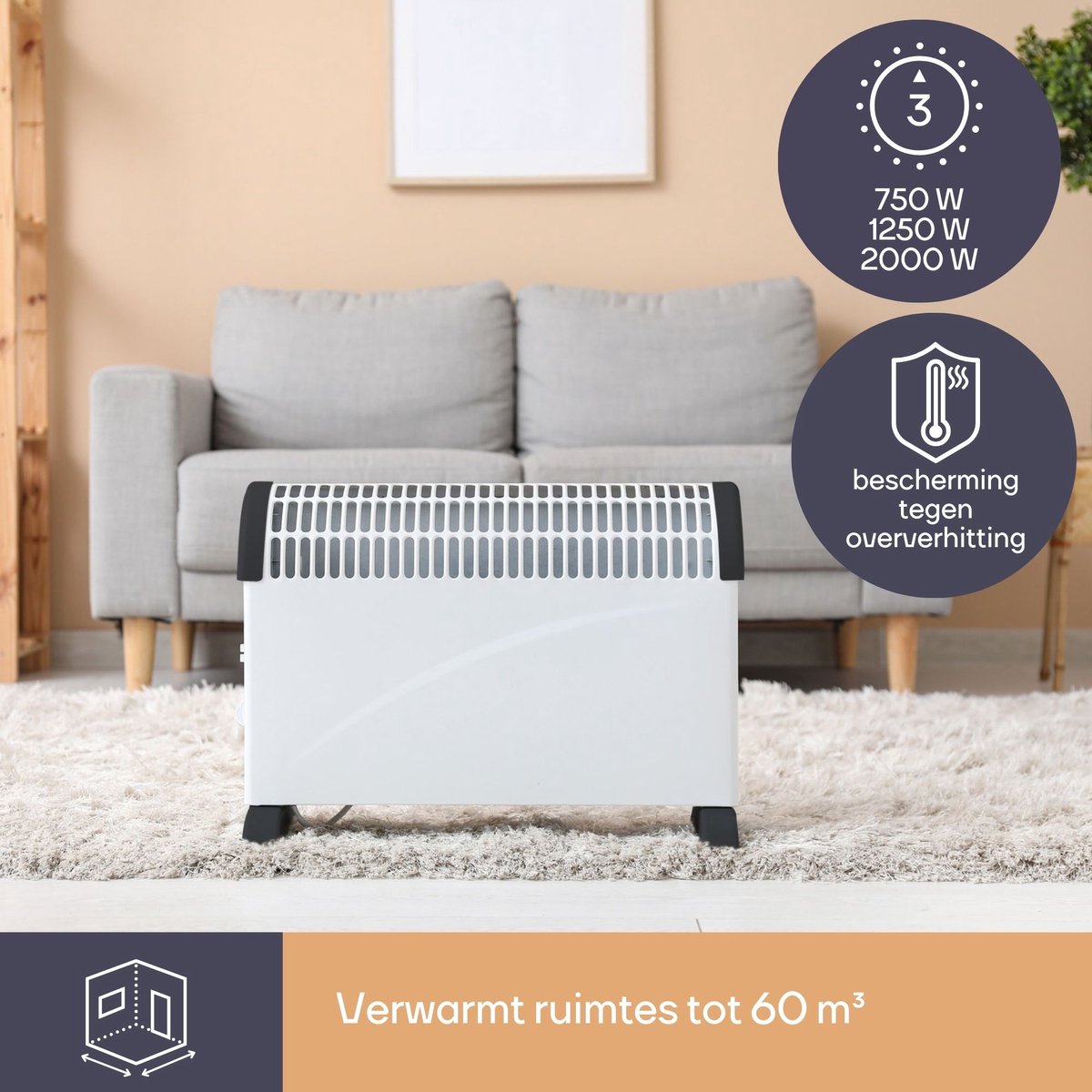 Perel Convectorkachel, elektrische verwarming, elektrische kachel, radiator met drie warmtestanden voor ruimtes tot 60 m³, voor binnen, thermostaat, 2000 W – foto 6