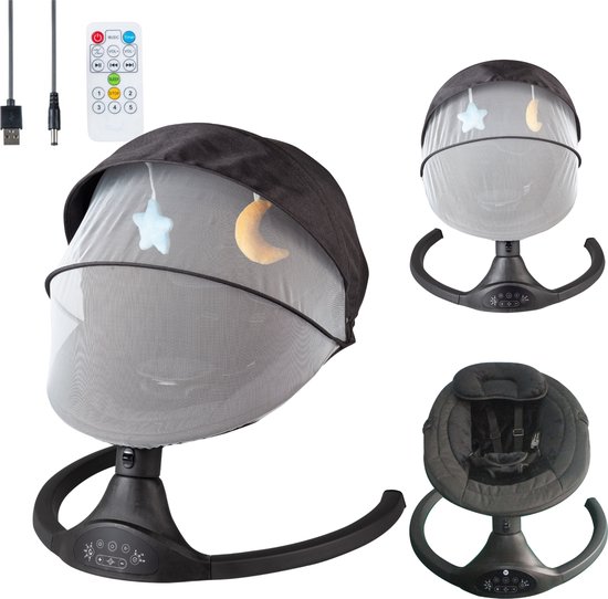 Bebies First Elektrische Wipstoel/ Schommelstoel Met Bluetoothfunctie Relax Met Kap & Speelboog - Zwart