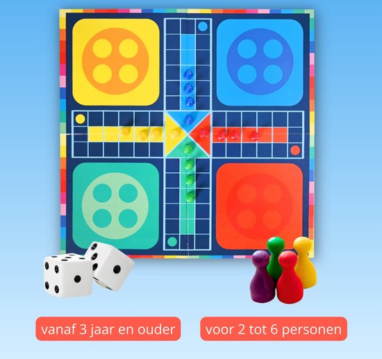 Ludo spelbord met vier gekleurde speelvelden, pionnen en dobbelstenen.