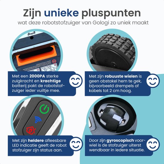 Gedetailleerde weergave van de Gologi robotstofzuiger: close-up van het robuuste wiel, de LED-indicatielampjes die de status aangeven, en een schematische weergave van de gyroscopische navigatie.