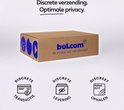 Bruine kartonnen verzenddoos van bol.com met blauwe logo's en iconen voor discrete transactie, levering en ophalen.