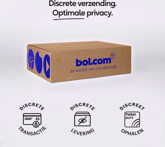 Bruine kartonnen verzenddoos van bol.com met blauwe logo's en iconen voor discrete transactie, levering en ophalen.