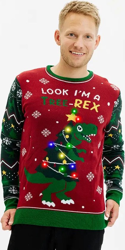 Foute Kersttrui met Lichtjes Dames & Heren - Lampjes - Christmas Sweater LED "Look I'm a Tree-Rex" Maat M - Sinterklaas - Kerst - Kerstcadeau