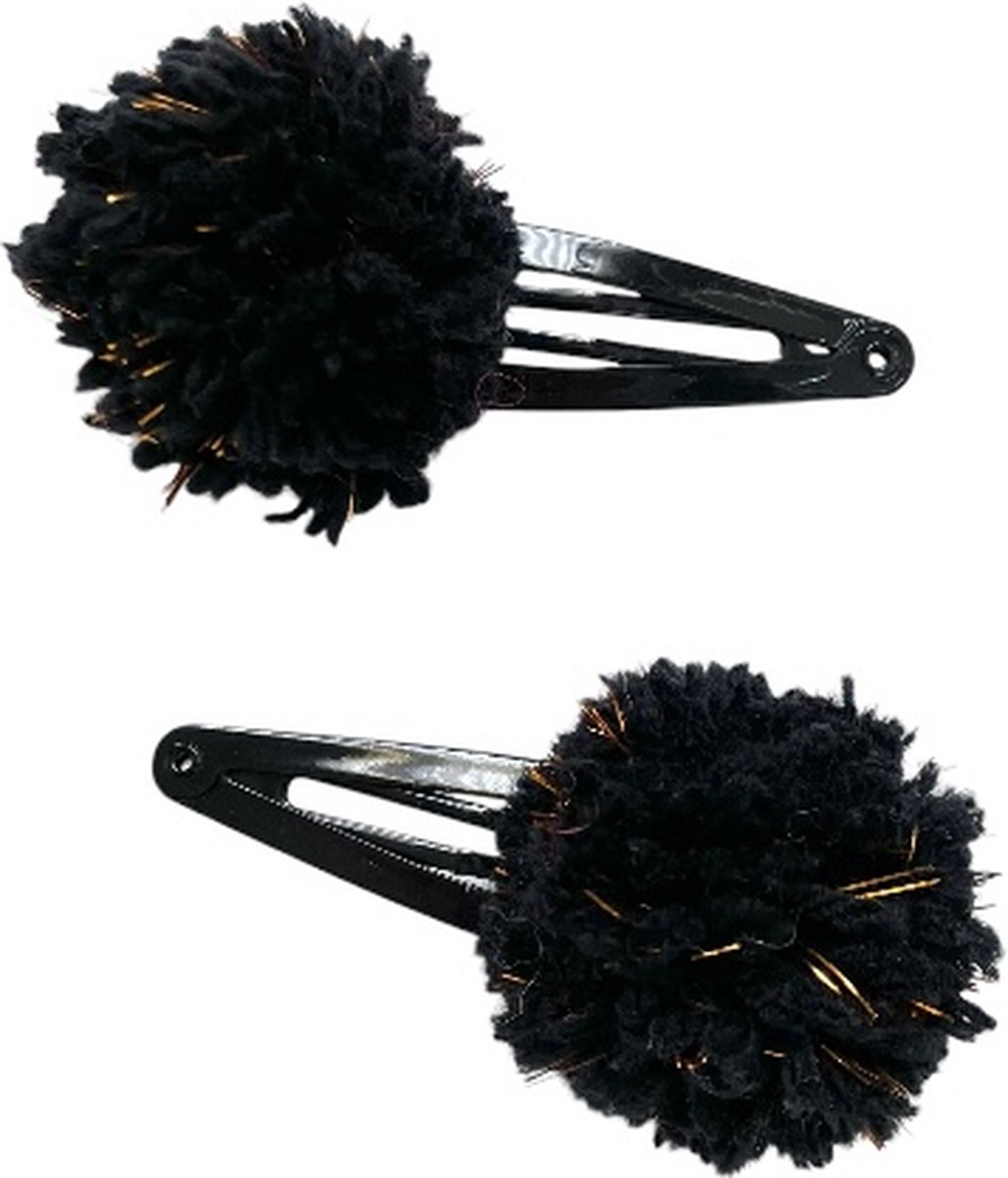 Luna-Leena duurzame haarspeldjes pom pom zwart met goud (set) - L5cm - soft wol - klik klak speld zwart - handgemaakt in Nepal - pom pom hair clips - haar accessoires - kerst cadeau - feest - verjaardag - sieraad