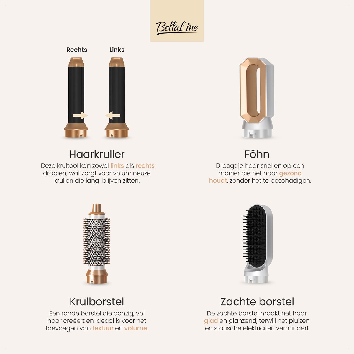 BellaLine - Airstyler - Krultang 5 in 1 - Fohnborstel - 5 in 1 Multi styler - krultang - Multistyler - Multistyler krultang - Fohn - Haardroger - Haardroger met Borstel — afbeelding 2