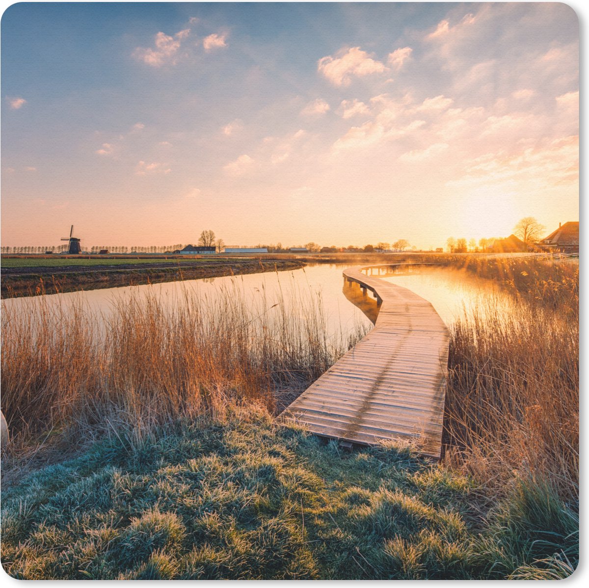 Muismat 30x30 cm - Mousepad Zonsondergang in de Nederlandse polder - Muismatten