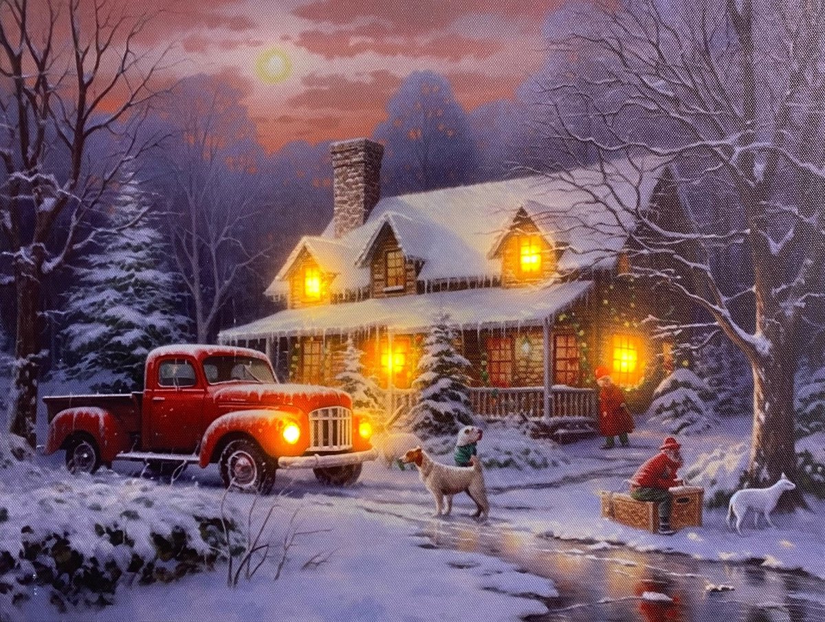 Schilderij met led verlichting - Canvas op houten frame - Verlicht Huis met Truck in bos - 6 x LED - 40 x 30 cm - Kersthuisjes en Kerstdorp met verlichting