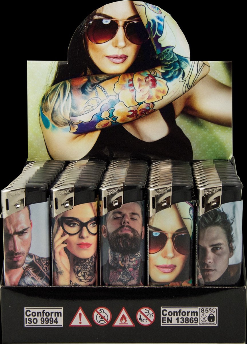 Goedkoopste Elektronische aansteker hervulbaar - Design Tattoos - Display 50 stuks - wegwerpaansteker - electronic lighter - klik aanstekers