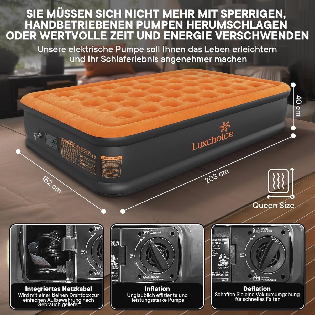 CAMULAND Twin luchtmatras met ingebouwde pomp, 46 cm, dubbel hoog, zelfopblazend, luchtmatras voor binnen en buiten, camping, gasten, reizen, 188 x 99 x 46 cm