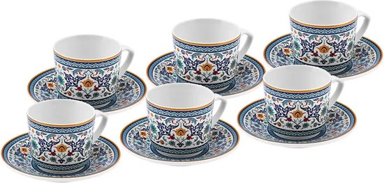 Karaca Beylerbeyi - 12-delige Porseleinen Turkse Koffiekopjes Set - 6 Persoons - 80 ml -Wit Blauw Multicolor