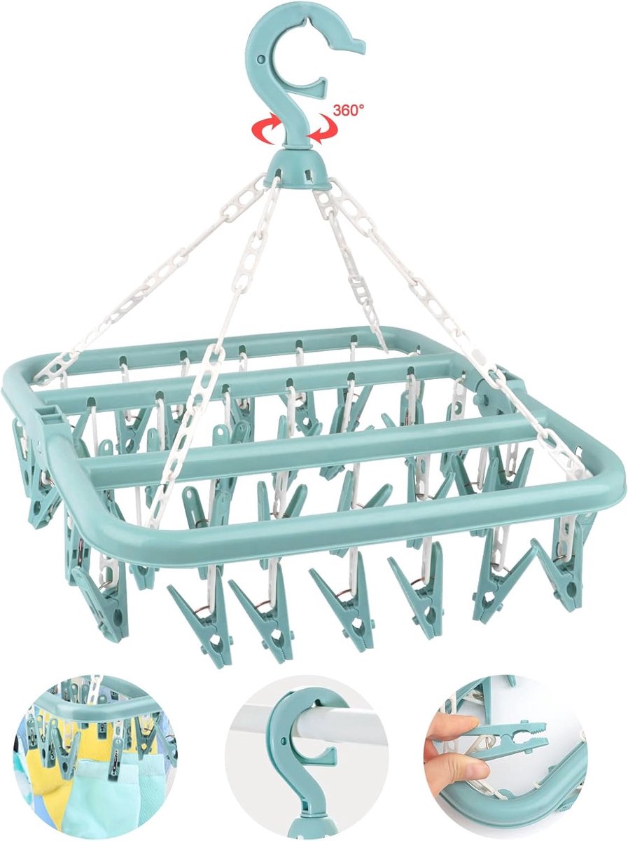 Goedkoopste Opvouwbaar wasrek met 32 clips voor sokken en babykleding - 360° droogmolen