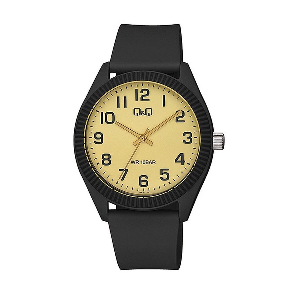 QQ V12A-011VY - Horloge - Sport - Analoog - Unisex - Plastic band - Rond - Kunststof - Cijfers - Zwart - Geel - 10 ATM
