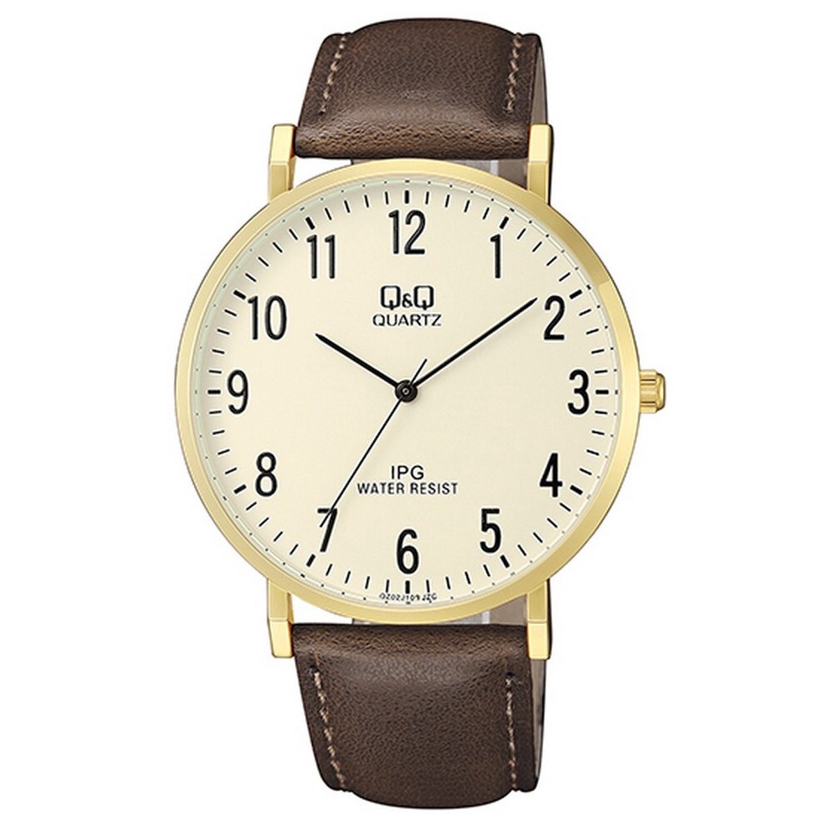 QQ QZ02J103Y - Horloge - Analoog - Mannen - Heren - Leren band - Rond - Metaal - Cijfers - DonkerBruin - Goudkleurig - Crème - 3ATM