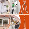 Collage van zilveren telescopische ladders in verschillende configuraties, gebruikt binnenshuis en buitenshuis bij het schoonmaken van ramen en dakgoten.