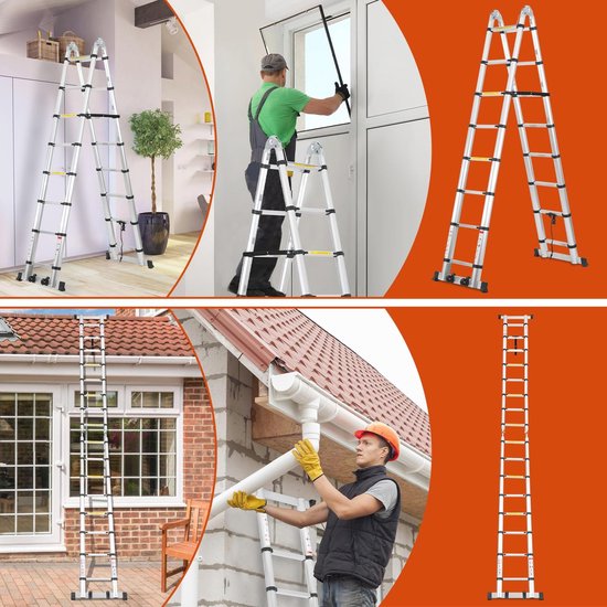 Collage van zilveren telescopische ladders in verschillende configuraties, gebruikt binnenshuis en buitenshuis bij het schoonmaken van ramen en dakgoten.