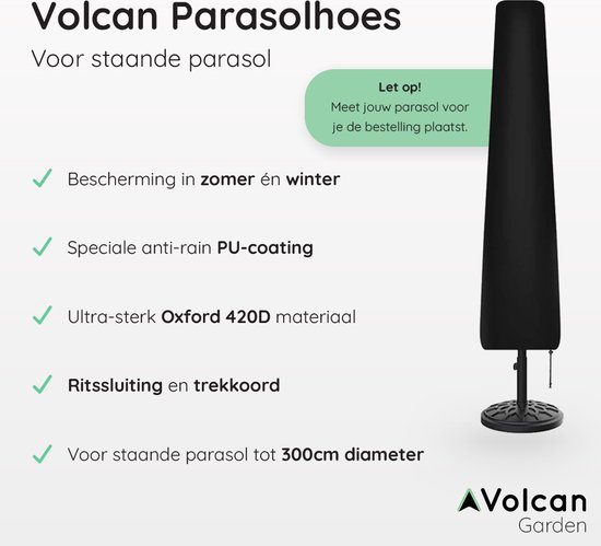 Volcan Parasolhoes voor Staande Parasol - Met Rits en Stok - Waterdicht - Oxford 420D - Tot 300cm - Zwart