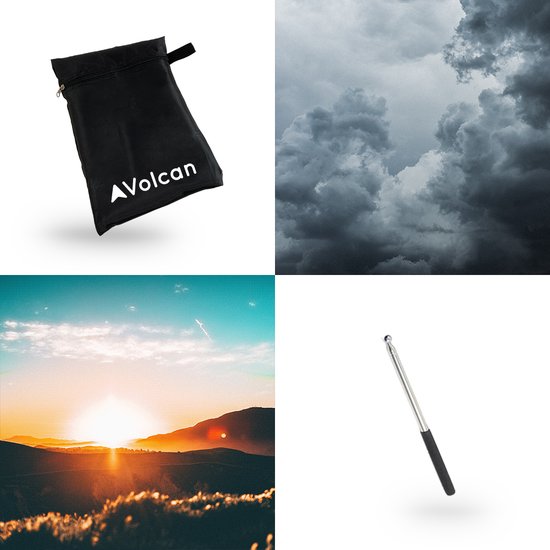 Zwarte opberghoes met Volcan logo, uitklapbare stok, donkere wolken en zonsondergang.