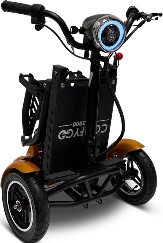 Voorkant van een gouden opvouwbare scootmobiel, met koplamp, mandje en zwarte details.