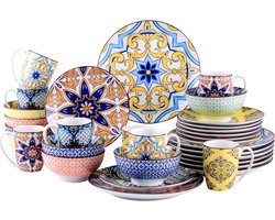 J&R Keramieken serviesset - 32 delig - Kleurrijk servies - Jasmijn patroon - Multi colour