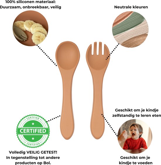 Jikkies® - Siliconen Kinderbestek Set - Peuter Bestek - Lepel & Vork - Beige- Veilig - Getest op EN-norm - Duurzaam - Kindvriendelijk - 100% Siliconen - Vaatwasserbestendig - Magnetronbestendig - Oefenbestek - Ergonomisch bestek van Jikkies — afbeelding 3