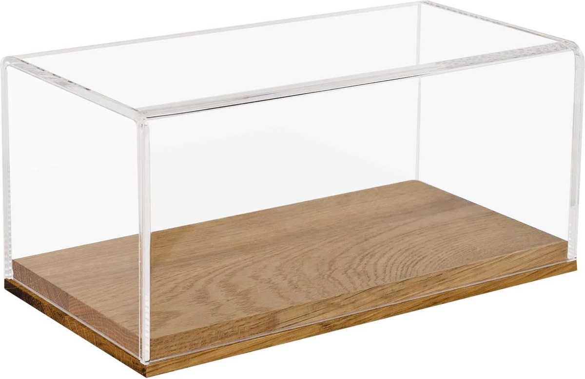 Acryl vitrinekast met houten sokkel voor modelauto's - 24 x 12 x 11 cm - transparant