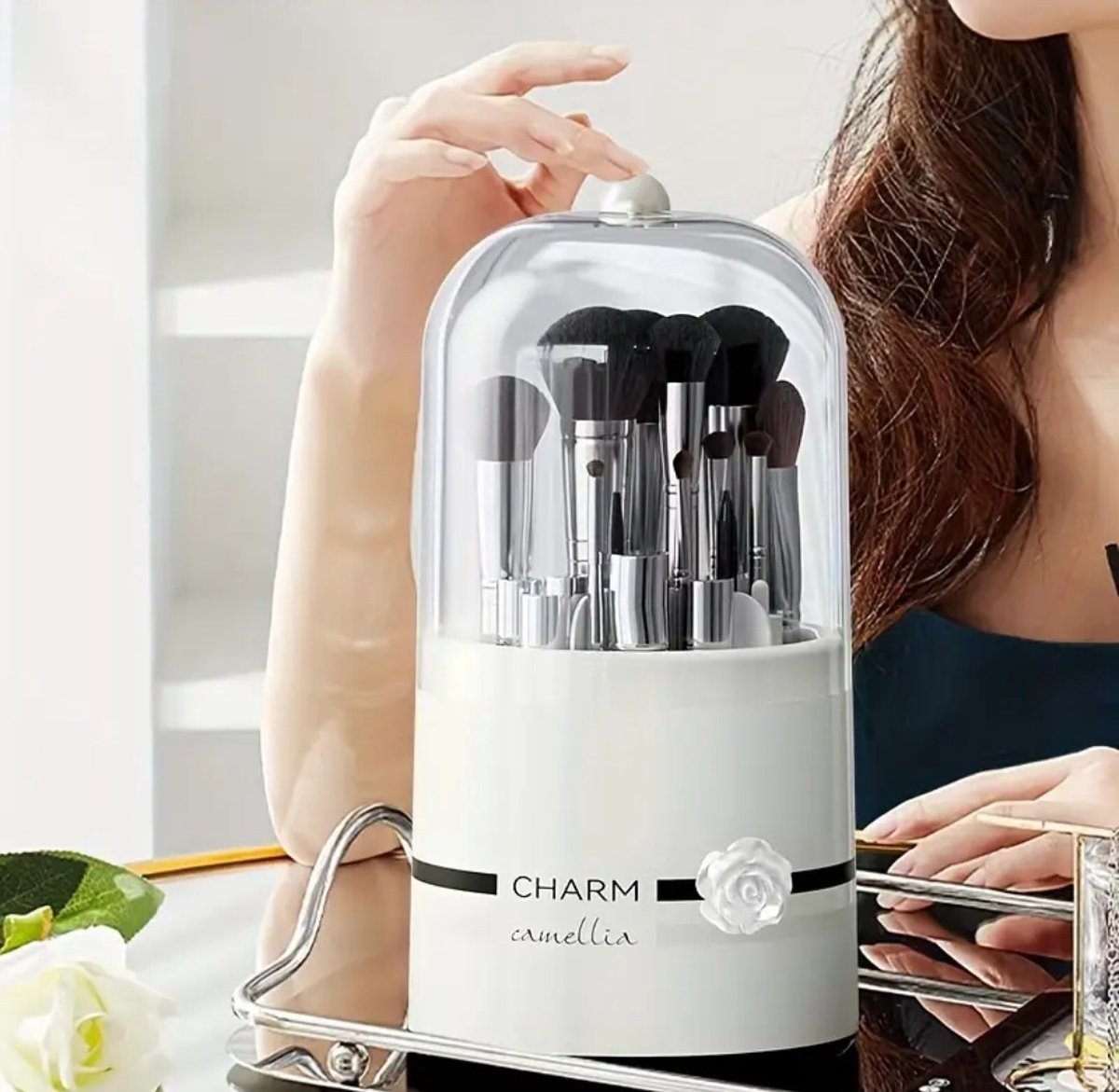 Goedkoopste 360 graden draaibare make-upborstelhouder, cosmetische organizer voor aanrecht, stofdichte hoes voor cosmetische opslag met secties, cosmetische organizer voor aanrecht van kunststof, geen elektriciteit nodig