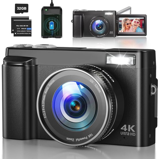 Zakcamera, 48MP 4K HD Dubbele Lens 16x Zoom Autofocus Compacte Digitale Camera met IPS-scherm, voor Reizen, Afstuderen (WHITE