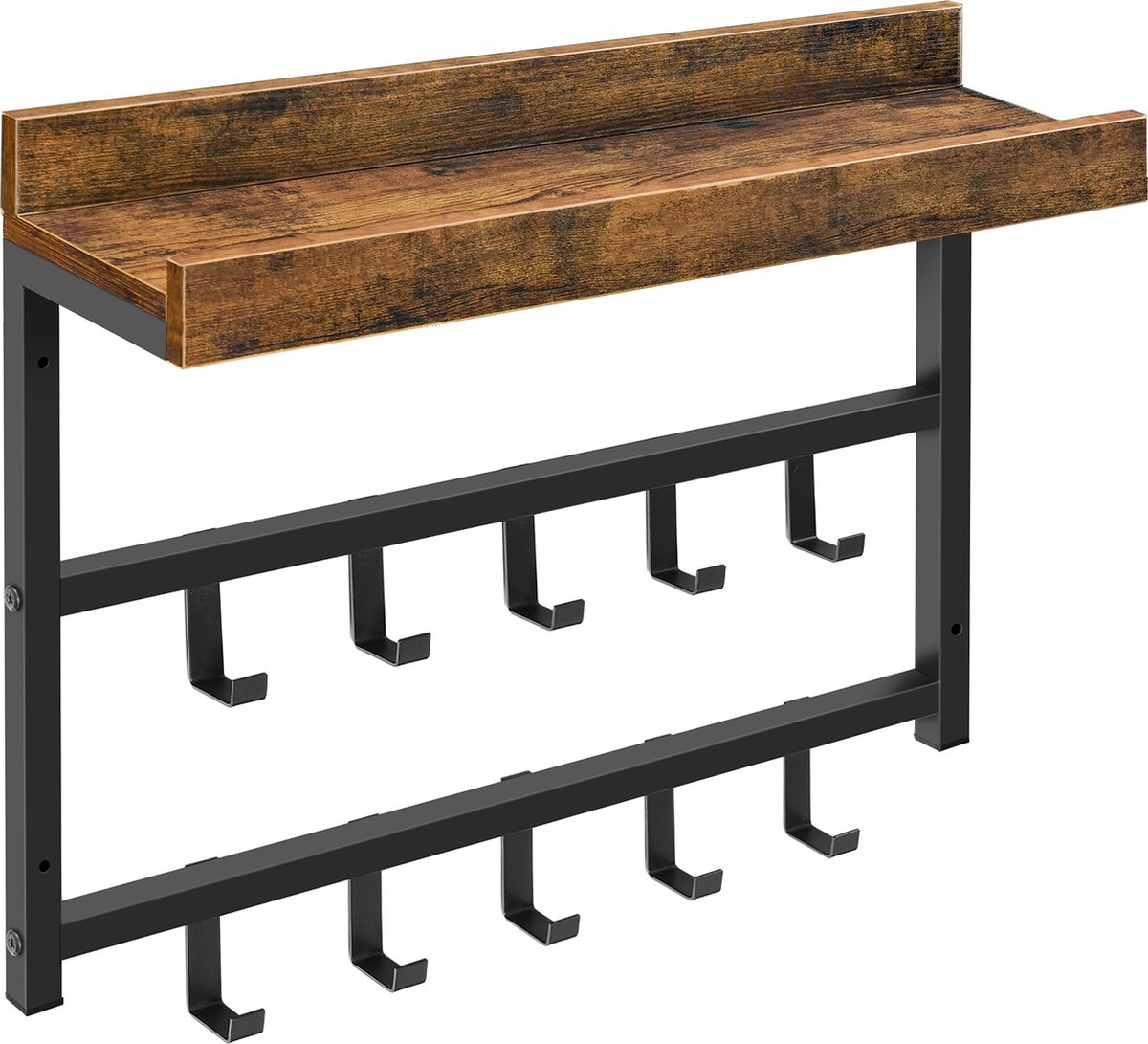 Wandkapstok Industrieel Bruin – Compacte Kapstok – 10 Haken – IN-HOMEXL Tridente – 60,5x15x45 cm