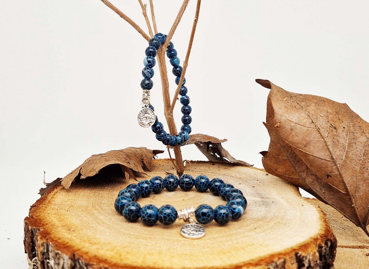 Handgemaakte natuursteen Geluksarmband met hanger "Astrologische Symbolen " Blauwe harmonie " -8 mm diameter van de korrel- Diameter armband 20 cm - Kies je favoriete Astrologische Symbolen - Een mooi cadeau voor familie en vrienden
