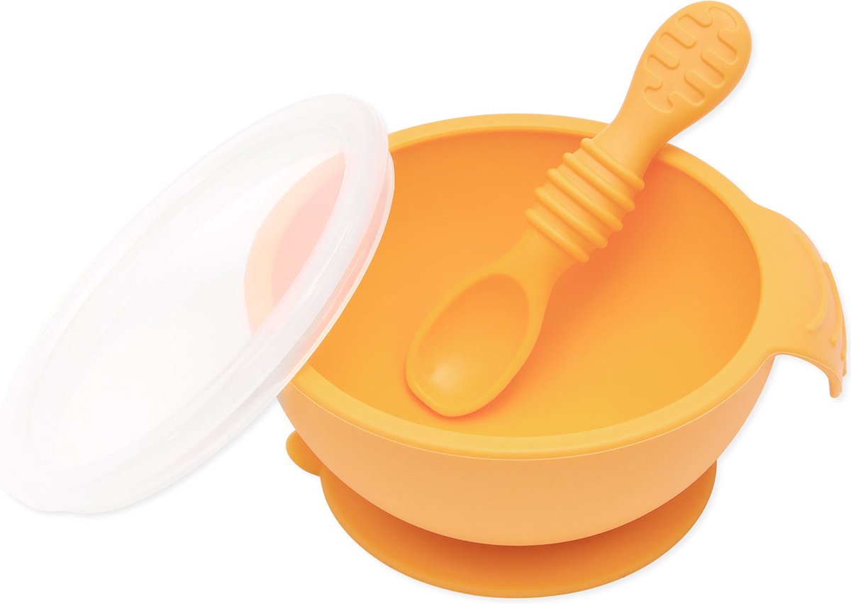 Bumkins - Silicone First Feeding Set | Siliconen Eerste Baby Eetset (Kom met Deksel + Lepel) - Tangerine