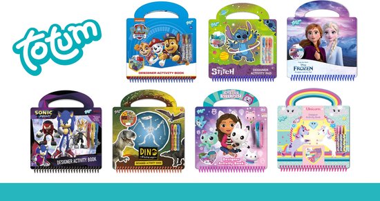 Une rangée de différents livres d'activités designer Totum, y compris Paw Patrol, Stitch, Frozen, Sonic et Licorne.