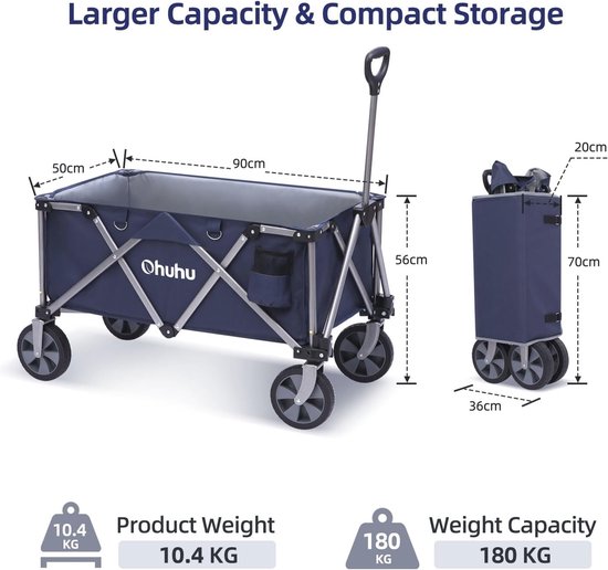 Opvouwbare Bolderkar XL - 145L, 180kg Belastbaarheid, Voor Strand en Tuin - Inklapbaar en Verstelbaar van Opvouwbare Bolderkar — afbeelding 5