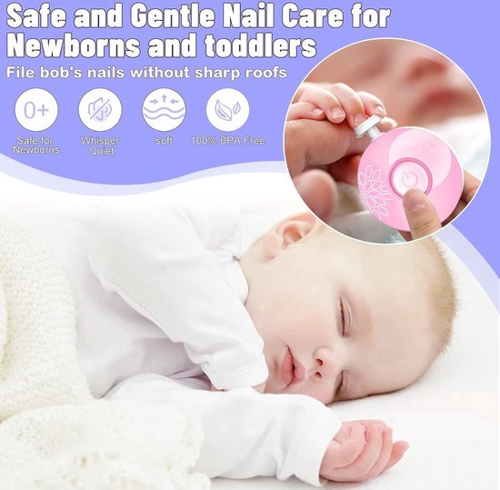 Elektrische Nagelvijl - Licht Roze - Veilig en Zacht voor Baby's - Inclusief 6 Diverse Vijl koppen incl. Polijstkop - Waterbestendig - 3-Stand Rotatie - Manicureset Baby - Nagelknipper - Polijsten - Babycadeau van Luvion — afbeelding 4