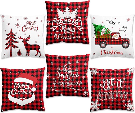 LECONCES 6 stuks kerstkussenslopen, rood en goud, kerstdecoratie, kerstdecoratie, kerstman, kerstman, kussensloop voor bank, decoratie, Kerstmis, 45 x 45 cm