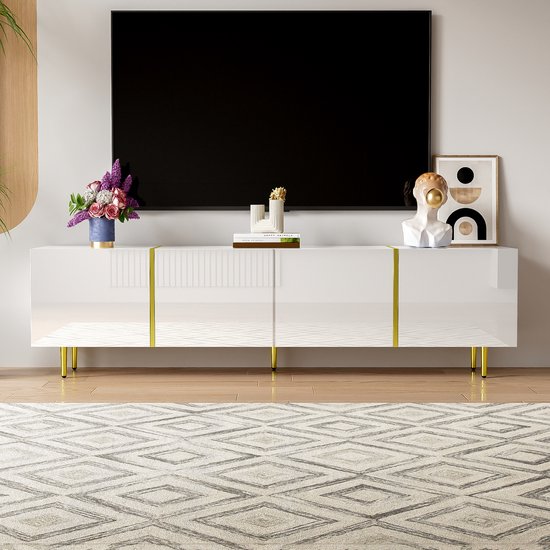 Meuble TV Gutent, Wit avec pieds dorés, meuble TV haute brillance, design à quatre portes avec espace de rangement, élégant et moderne