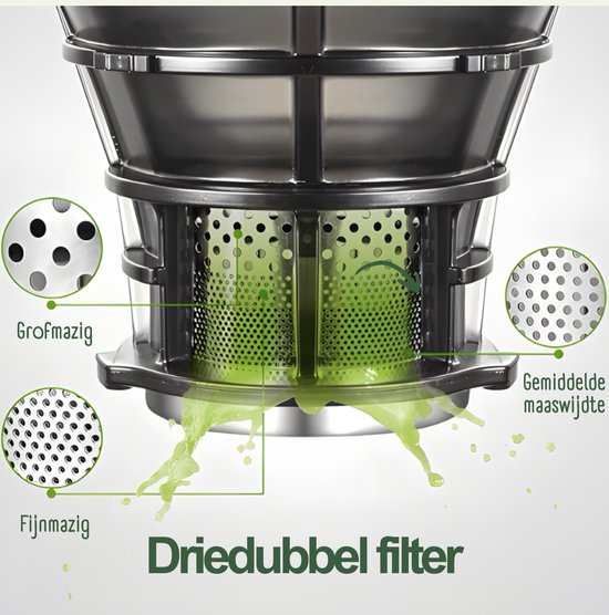 Gros plan d'un 'filtre triple' détaillé d'une centrifugeuse lente, avec de la pulpe verte qui jaillit. Trois loupes montrent le maillage grossier, moyen et fin.