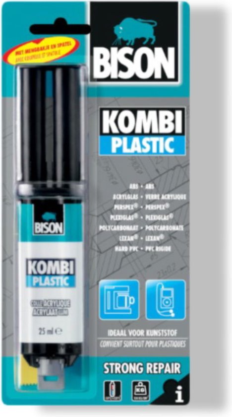 Bison Kombi Plastic 25 ml lijm in een blisterverpakking, met mengbankje en spatel. Ideaal voor kunststof.