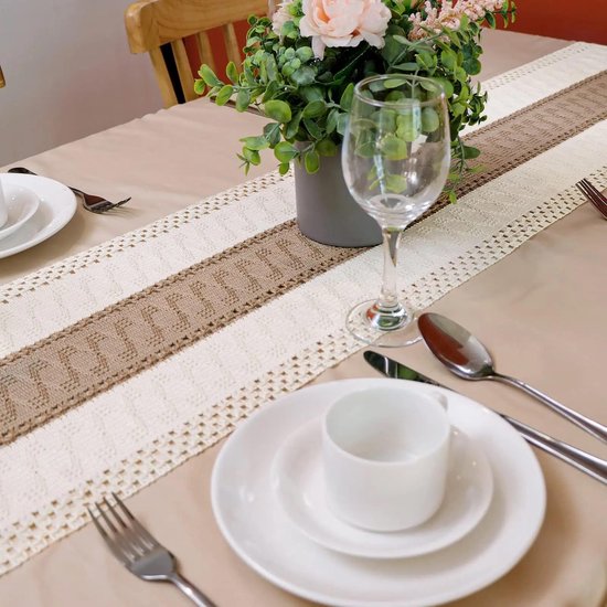 Allecto Plus - Bruine Macramé Tafelloper In Jute - Boho Tafeldecoratie Voor Boerderij Gehaakte Kant Mesh Tafelkleed Voor Bruiloft Thanksgiving En Kerstmis Keuken En Eettafel Opfleuren