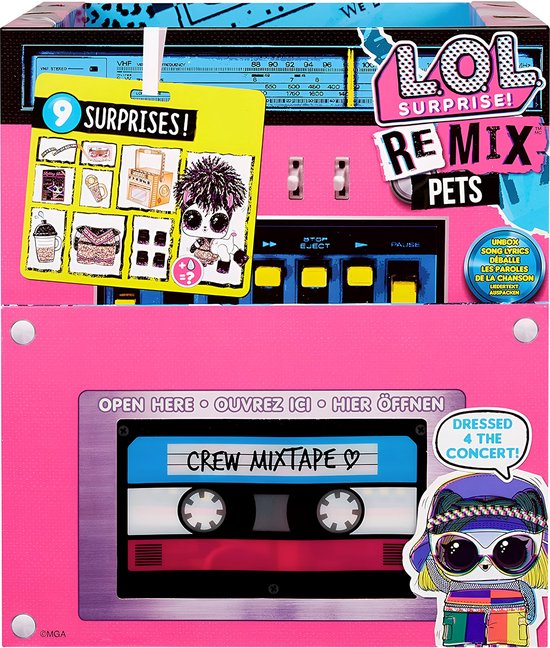 Open L.O.L. Surprise! Remix Pets doos met 9 verrassingen, pop met zwart pluizig haar en cassette.